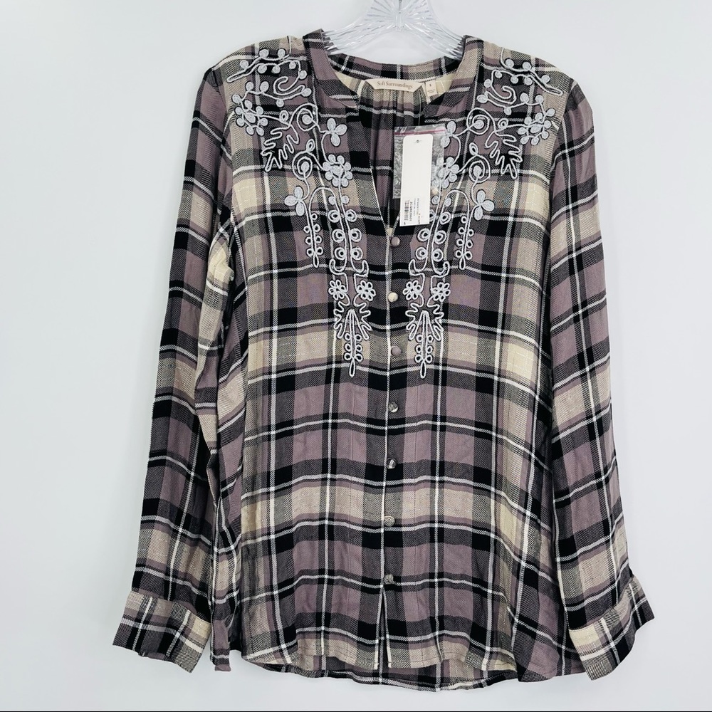 New Soft Surroundings Plaid Embroidered‎ Tunic Womens S Brown Oversized Estancia